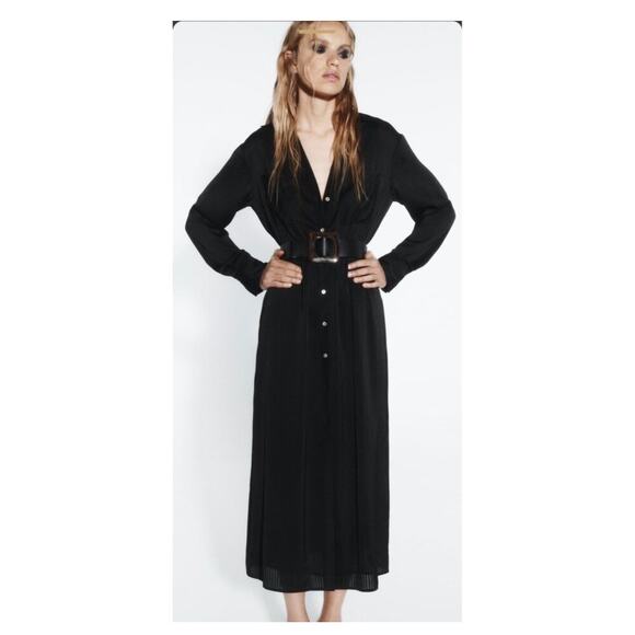 Zara Dresses & Skirts - Zara Striped Button Front Ling Sleeve Shirt Dress Size XL Black